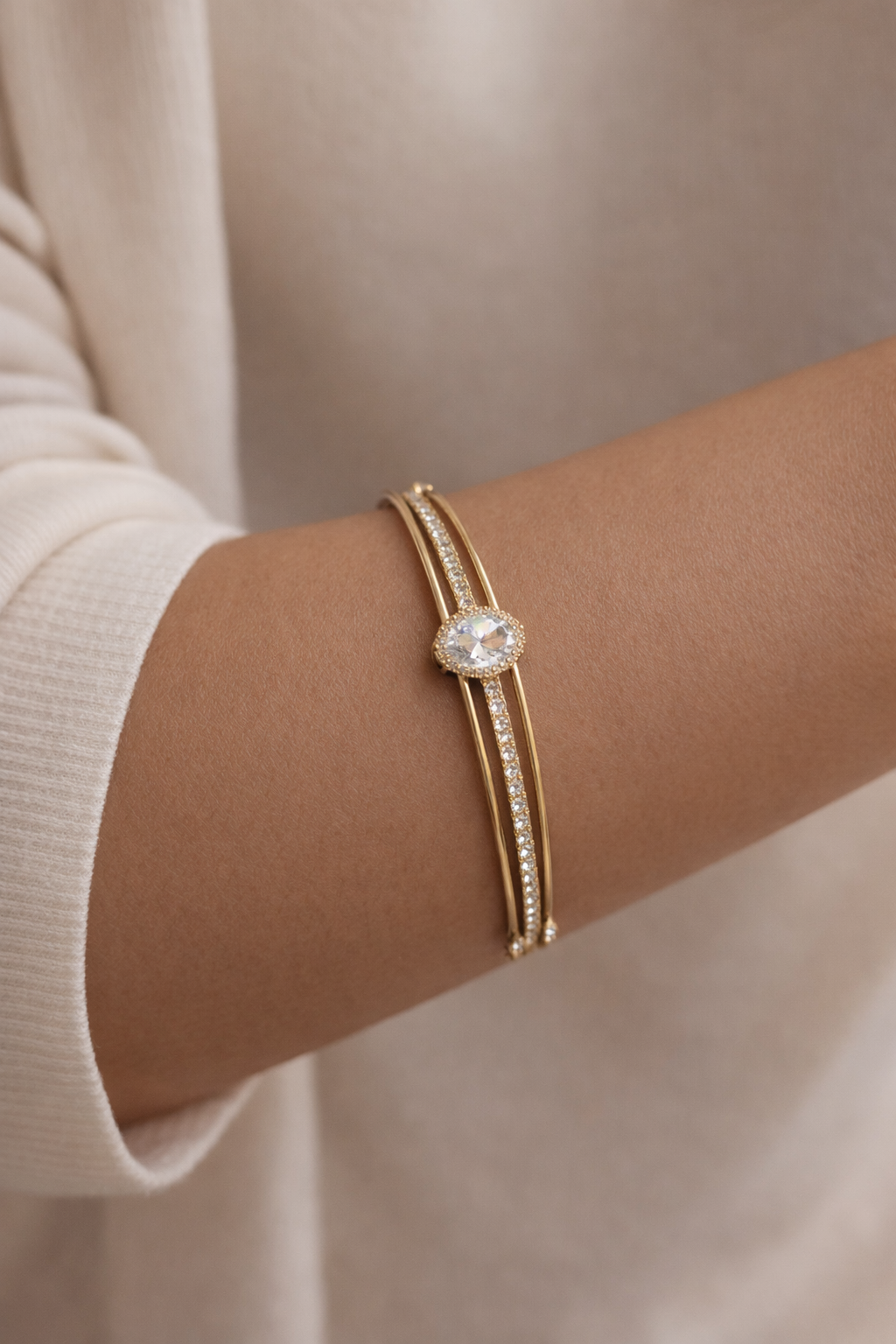 Oval Crystal Double Band Cuff