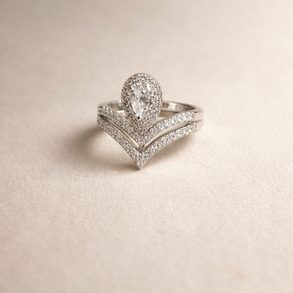 Pear Crystal Chevron Ring Set