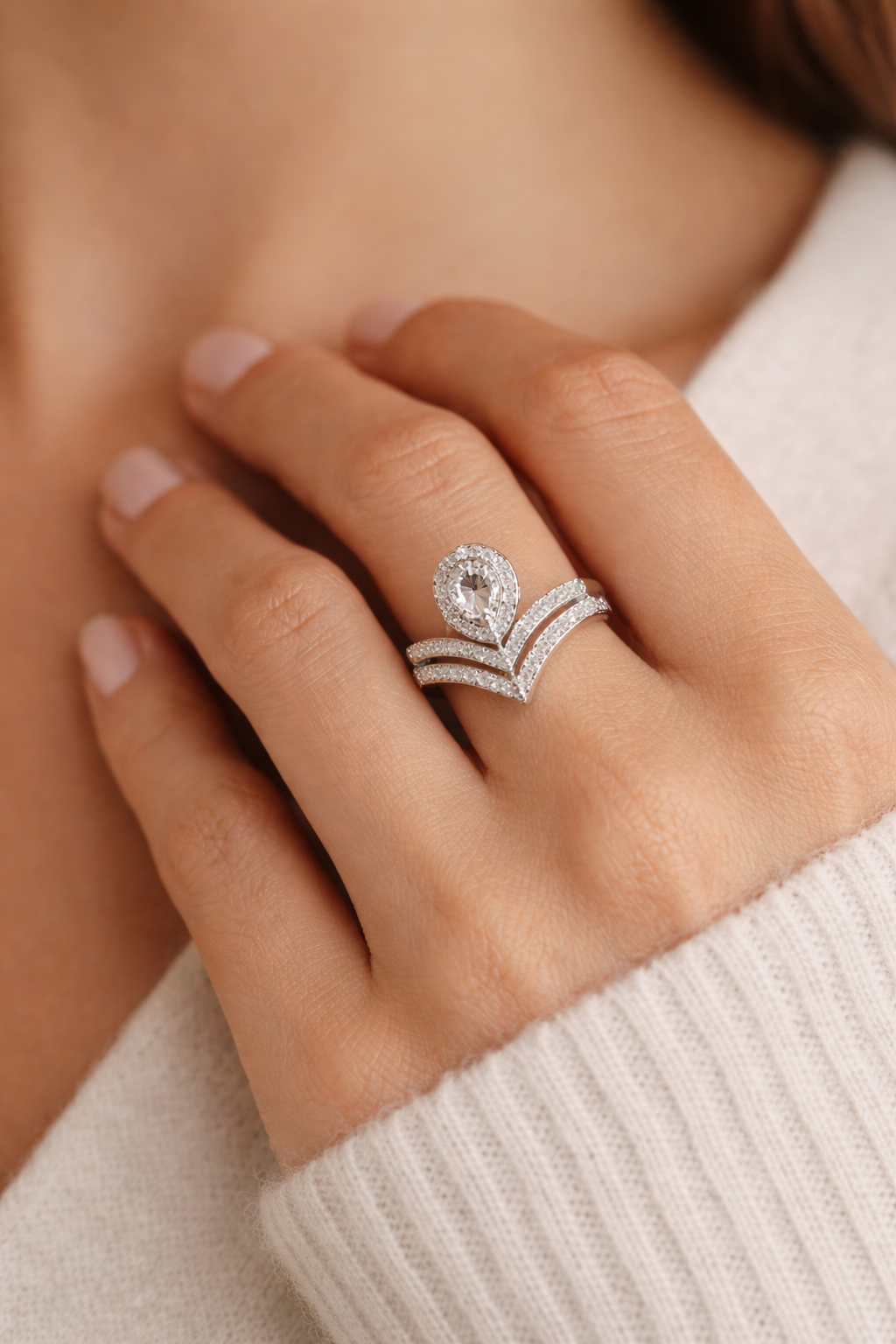 Pear Crystal Chevron Ring Set