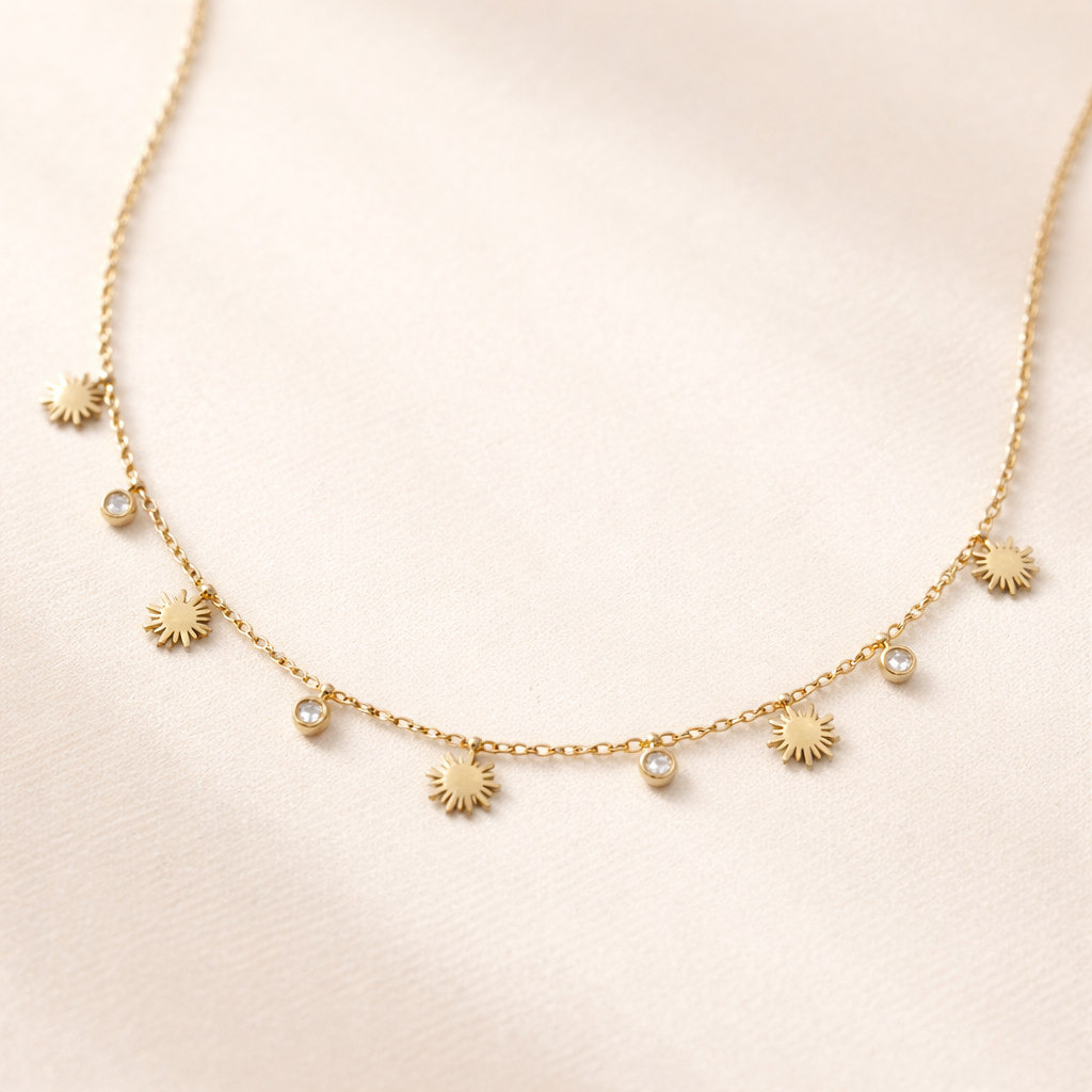 Sunburst & Crystal Charm Necklace