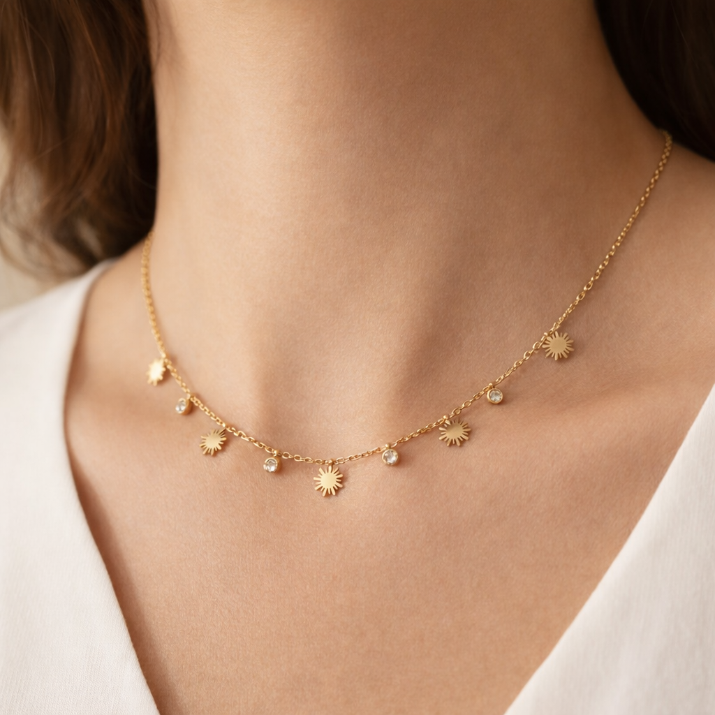Sunburst & Crystal Charm Necklace