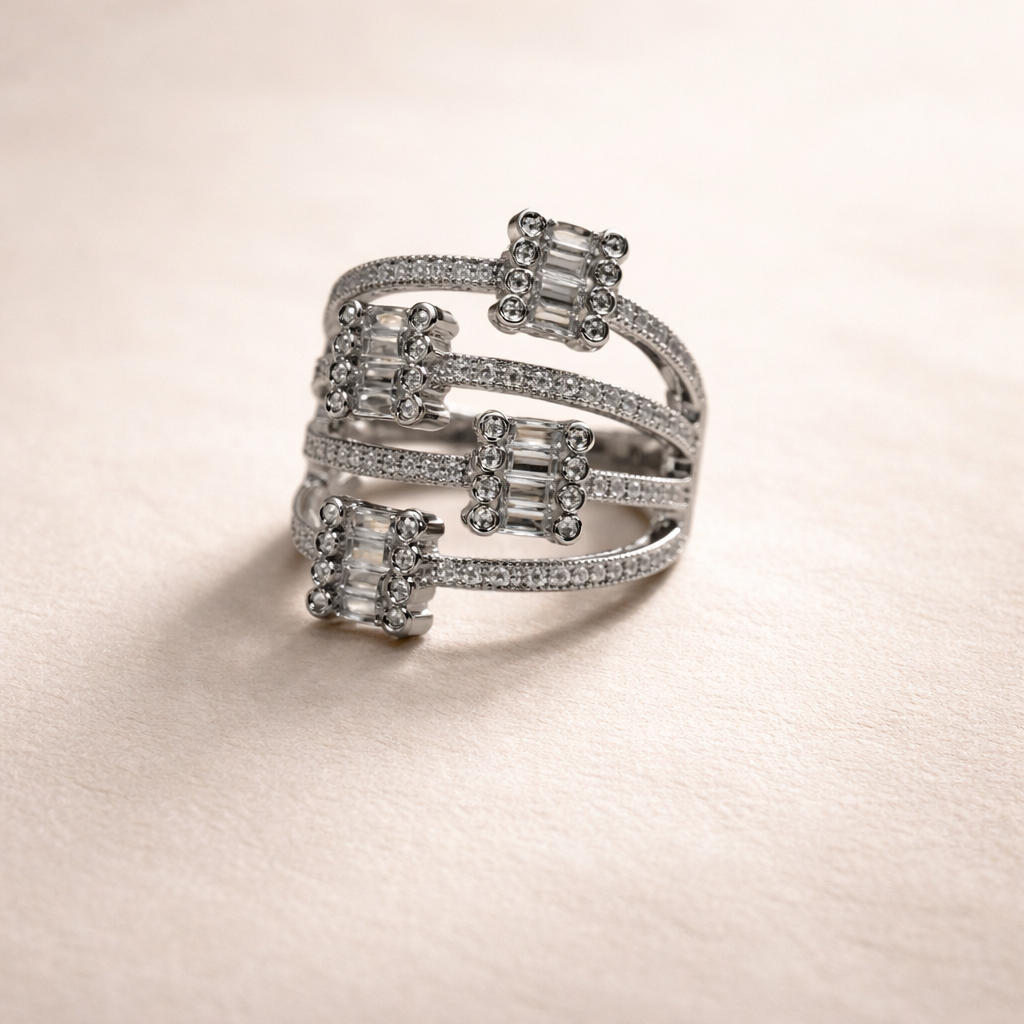 Baguette Crystal Multi-Band Ring Silver