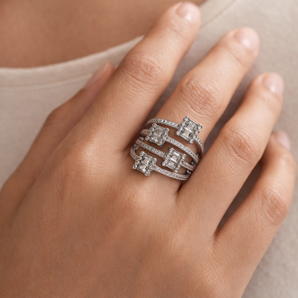 Baguette Crystal Multi-Band Ring Silver