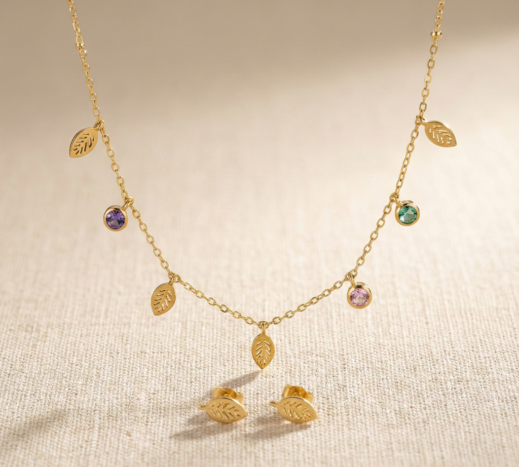 Leaf Charm Gemstone Necklace Set
