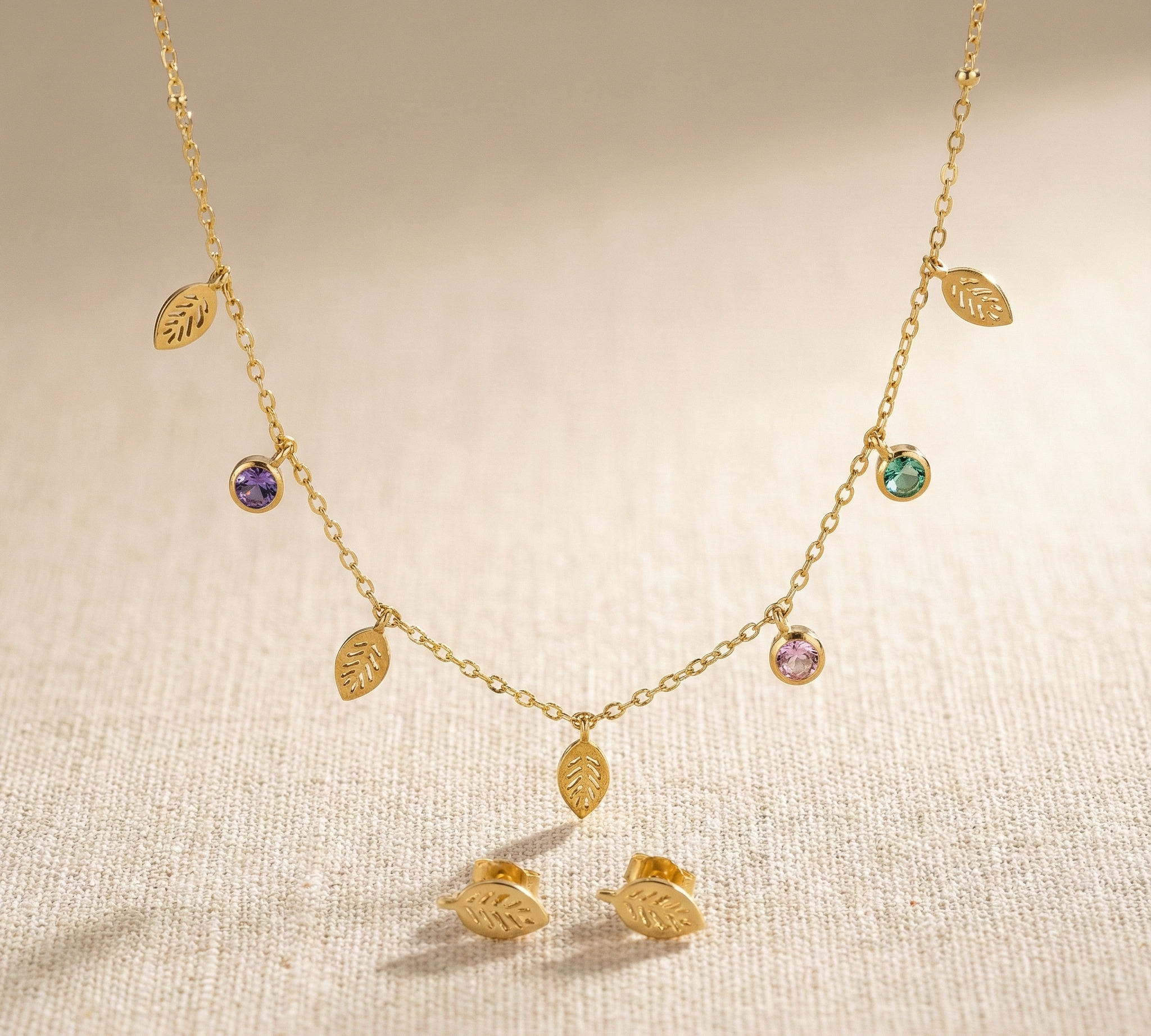 Leaf Charm Gemstone Necklace Set