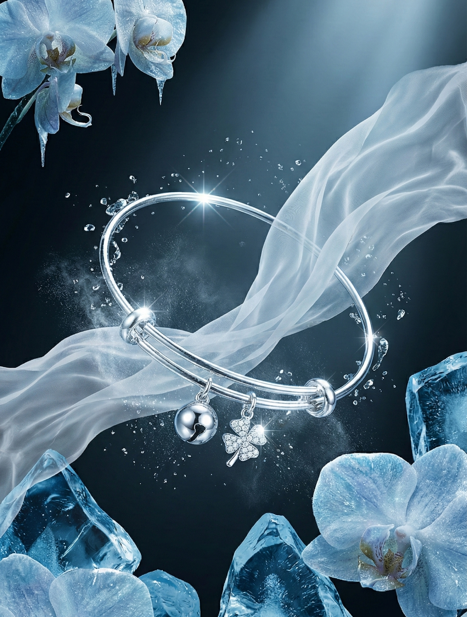 Silver Clover Charm Bangle