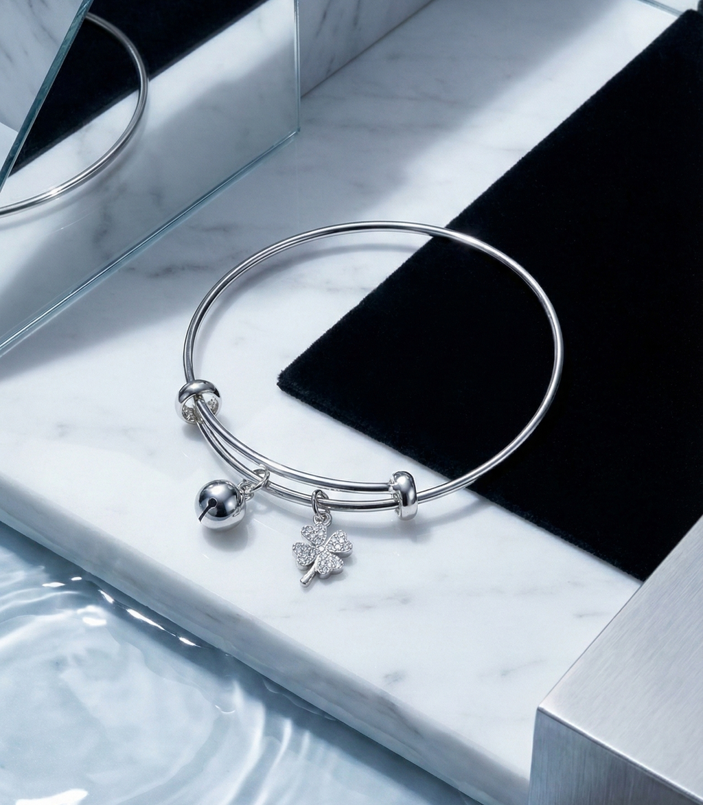 Silver Clover Charm Bangle