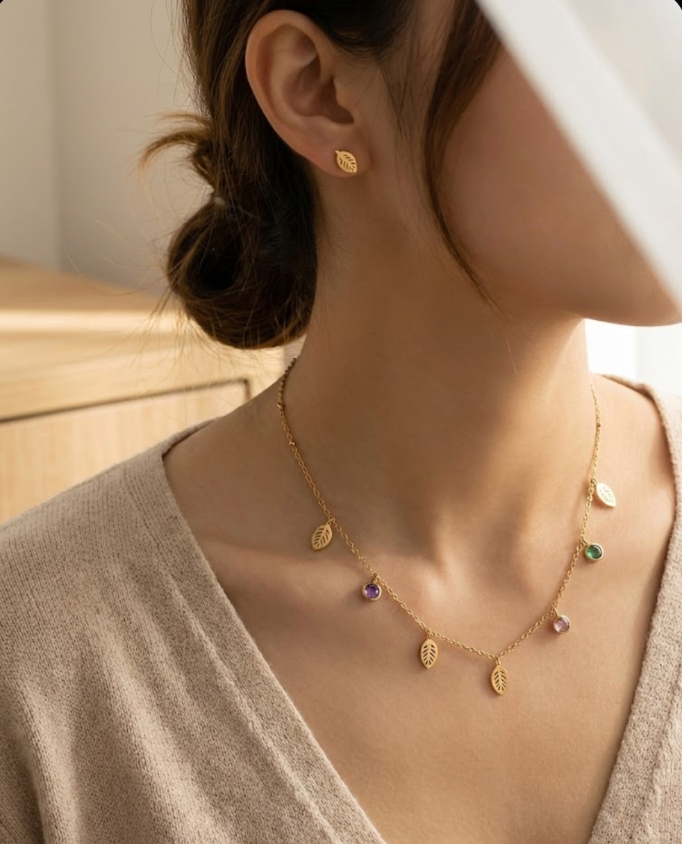 Leaf Charm Gemstone Necklace Set
